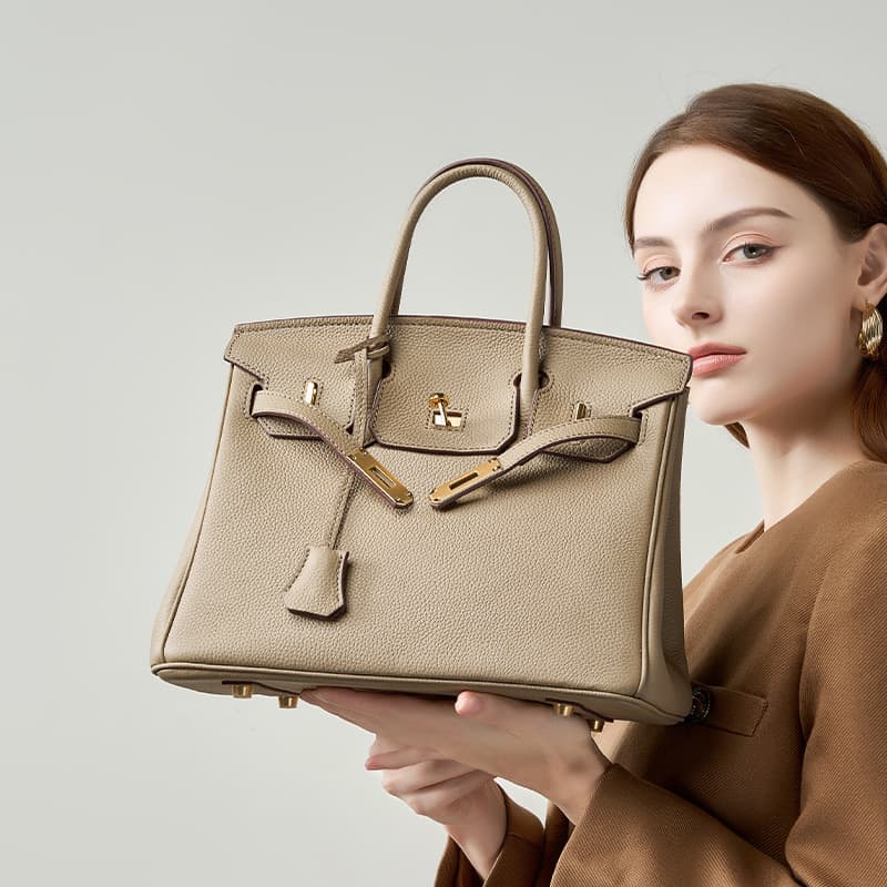 Waxed Thread Togo Top-Grain Leather Handmade Birkin Bag, Lychee Texture Genuine Leather Women's Bag, Lock Closure, Premium Handbag