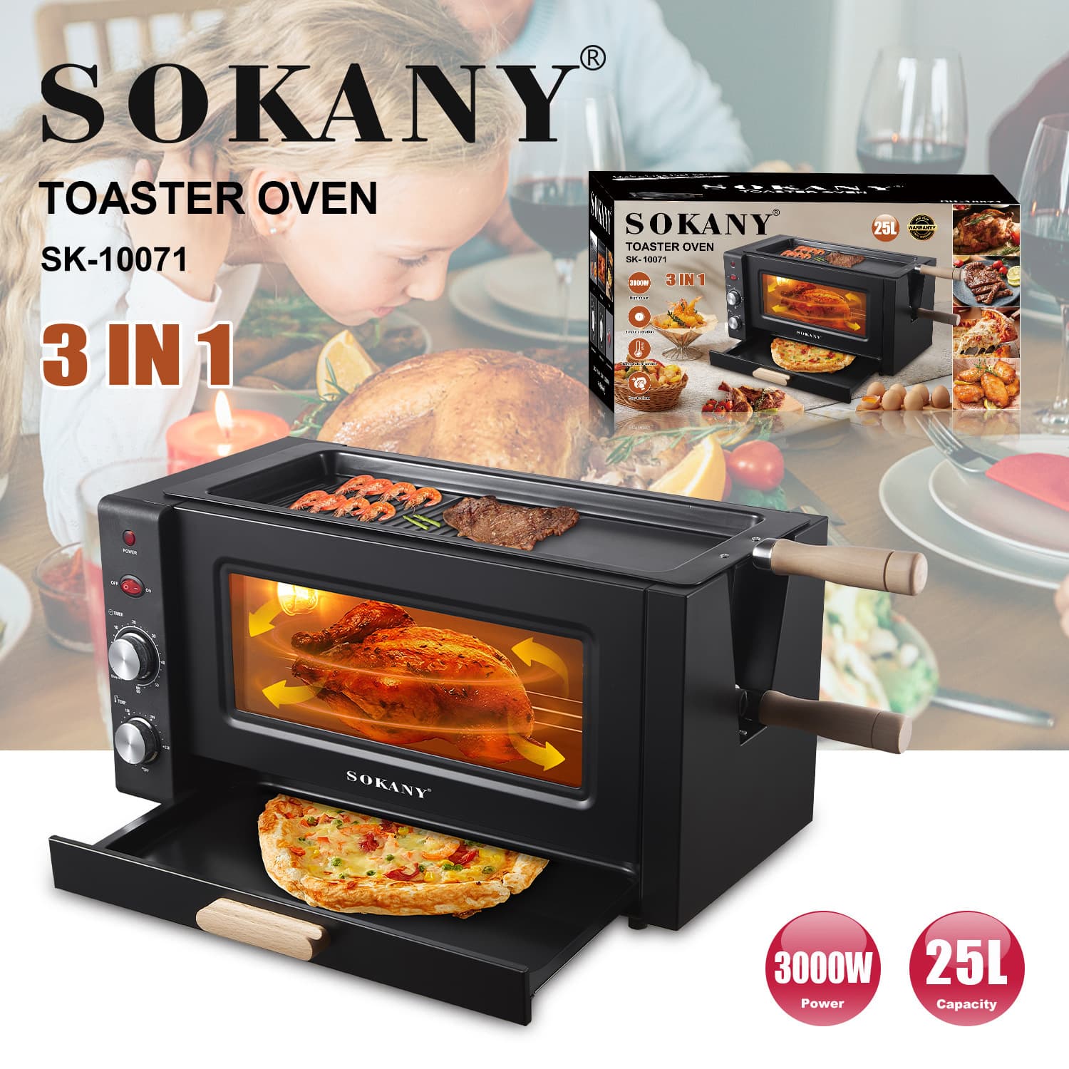 Foreign Trade Sokany10071 Oven 3in1 Pizza Steak Frying Machine Toaster Household Electric Oven Oven