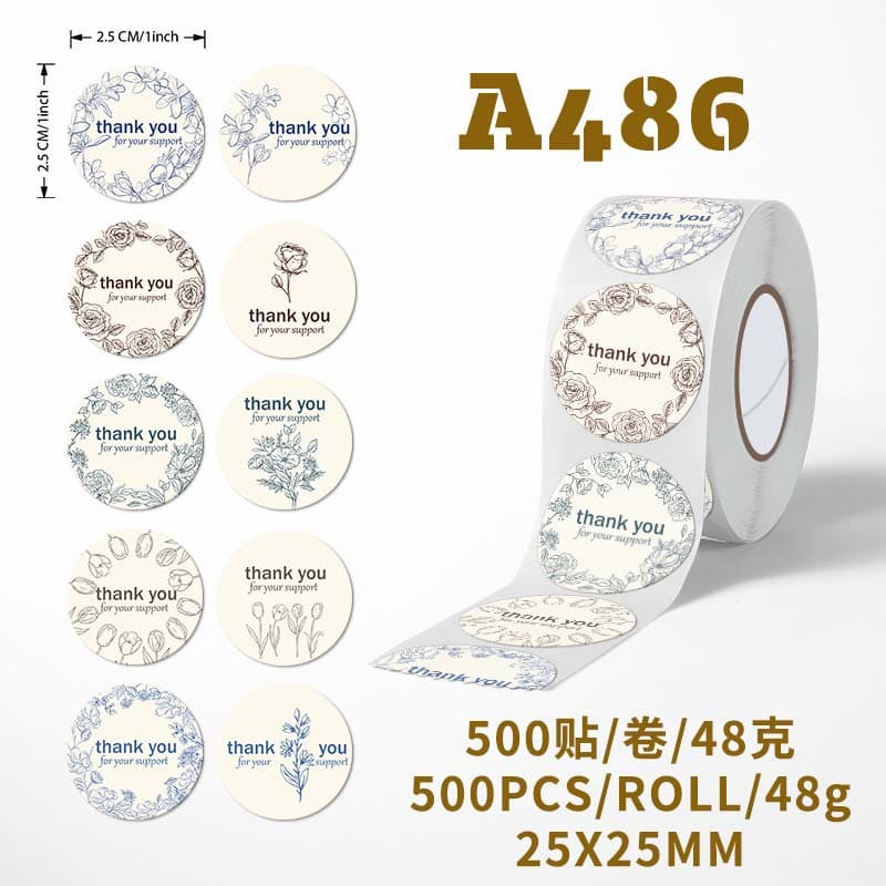 New Roll Sticker Flower Pattern Thank You Sticker Hand-Drawn Ins Seal Sticker Thank You Sticker Gift Box Packaging Sticker