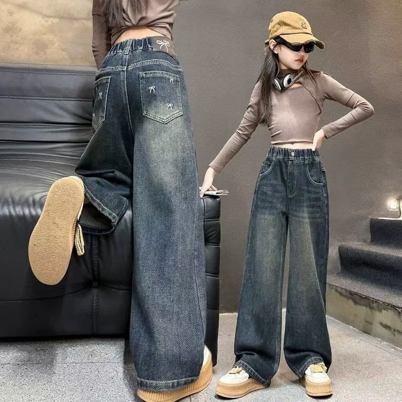 Girls' jeans, spring and autumn trousers, children's clothing, children's autumn casual wide-leg pants, medium and large children's spring clothing, straight-leg pants