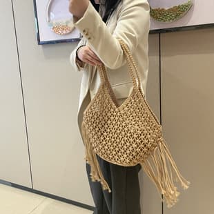 Large Capacity Women's Bucket Bag, Hollow Woven Bag, Casual Beach Vacation Travel Shoulder Bag, New Style