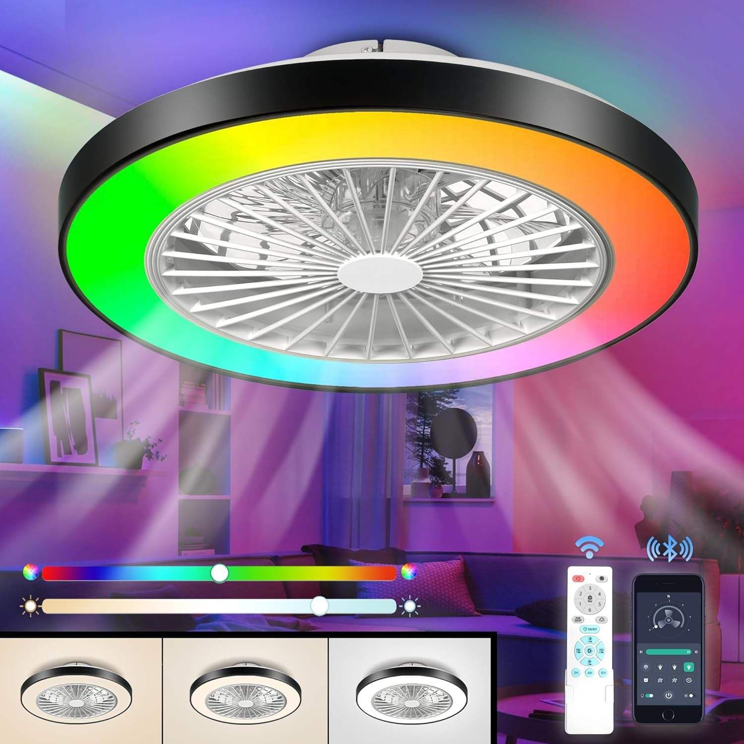 Graffiti RGB ceiling fan light cross-border stepless dimming color with bluetooth speaker home bedroom silent fan light