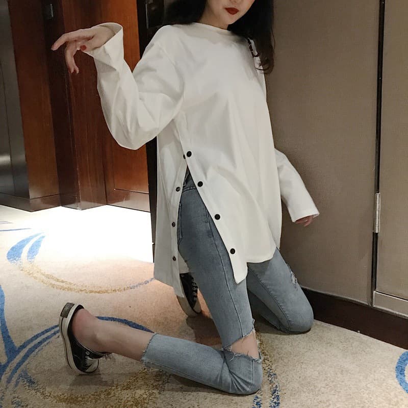 Mid-Long Plus Size Solid Long Sleeve T-Shirt for Women, Autumn Loose Side Slit Base Layer Top, Korean Women's Clothing Source
