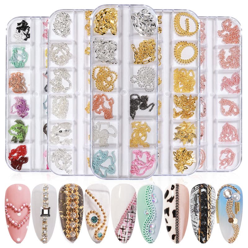 Gold And Silver Nail Art Decorations 12 Styles Box Set DIY Metal Chain Nail Stickers Manicure Accessories Square Pattern
