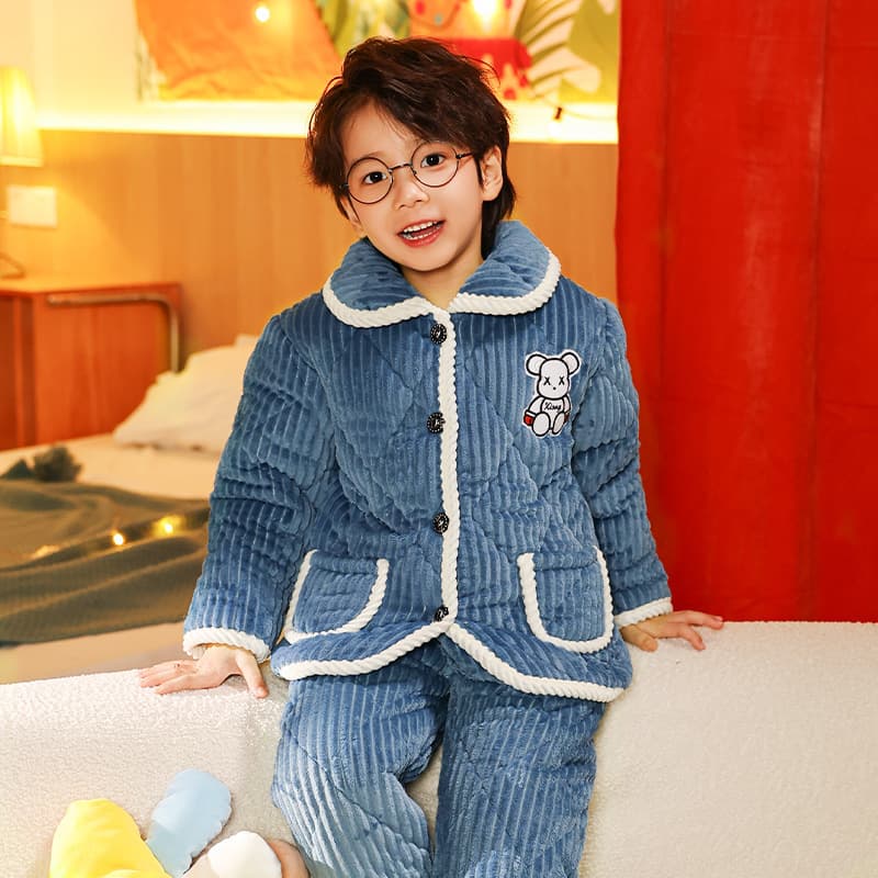 Winter Kids Quilted Pajamas Flannel Fleece Three-Layer Homewear Boys Girls Coral Fleece Set with Hood