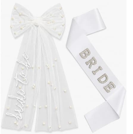 Bachelorette Party 2-Piece Set Bride to Be Headband Bridal Pearl Gold-Stamped Veil Pearl Letter Shoulder Strap