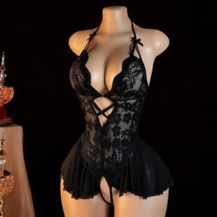 New Cross-Border Lace Open-Crotch Bodysuit Sexy Deep V Temptation Pure Desire Short Dress Backless Lingerie
