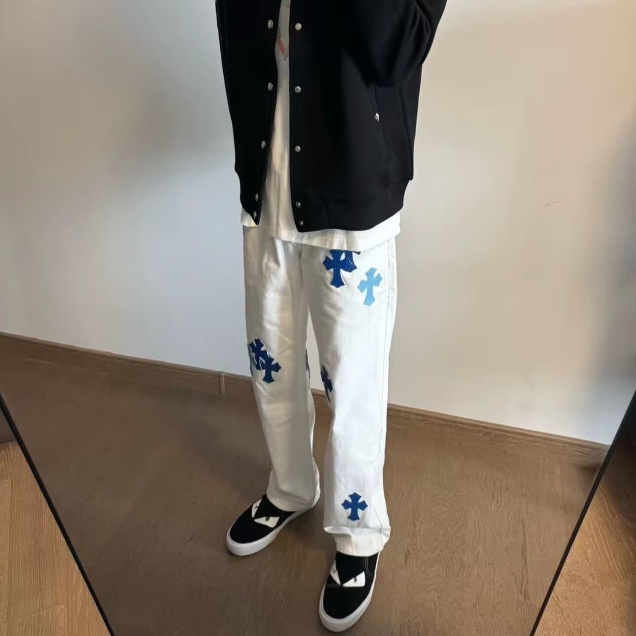 24 Cross-Border Correct Version Chrome Hearts Jeans Cross Patch Leather Denim Pants Couple Style