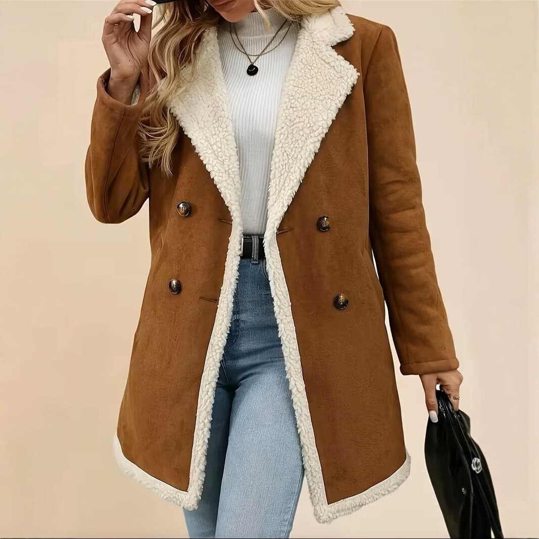 2026 New European and American Style Lamb Wool Patch Suede Jacket for Women, Mid-Length Warm Turn-Down Collar Double-Breasted Fashion