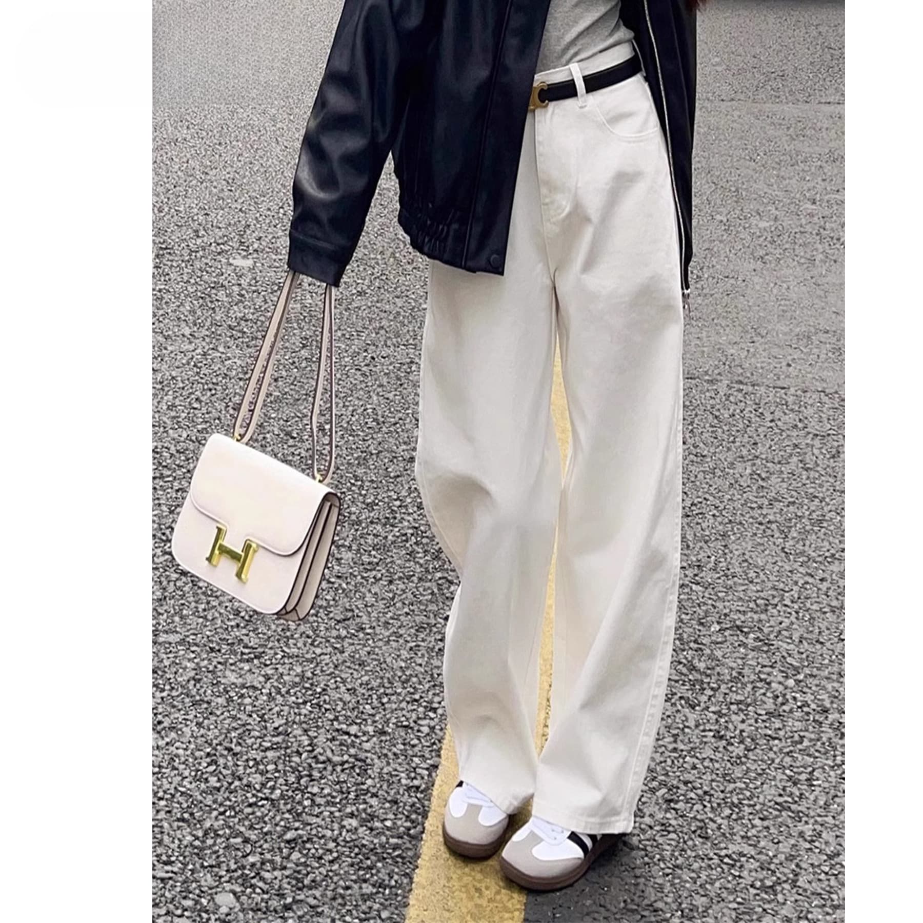 White High-Waisted Straight-Leg Jeans Women's Autumn/Winter 2024 New Loose-Fit Slimming Wide-Leg Fleece-Lined Traousers