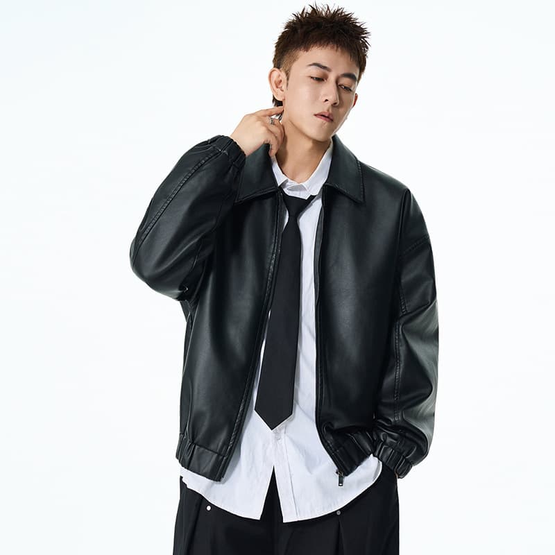 New Japanese style off-shoulder leather jacket, trendy and fashionable leather jacket, American retro handsome loose leather jacket for men