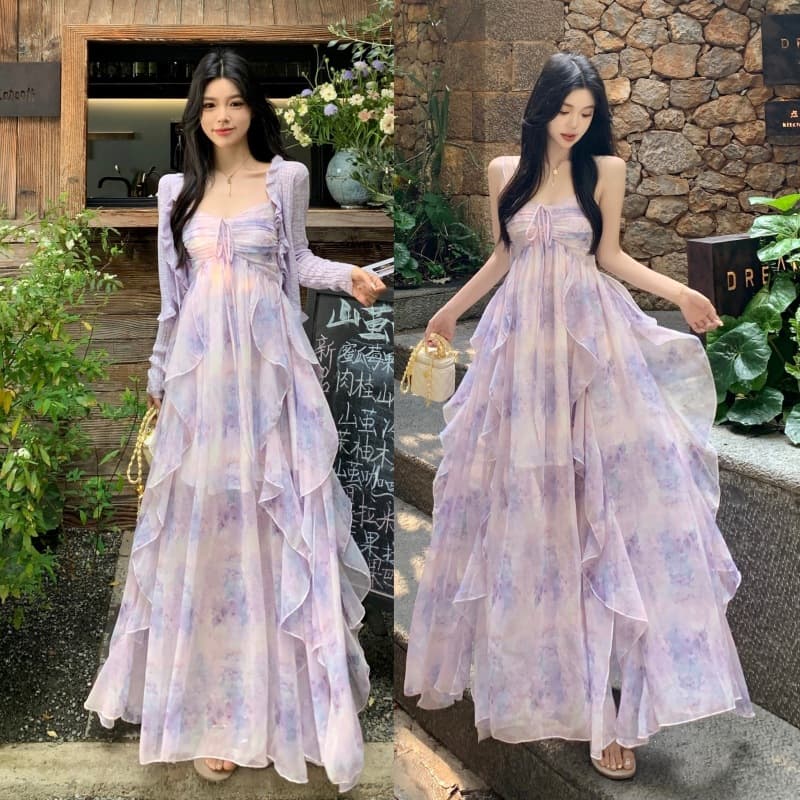 Maternity Dress 2026 New Floral Chiffon Camisole Dress Purple Cardigan Two-Piece Set