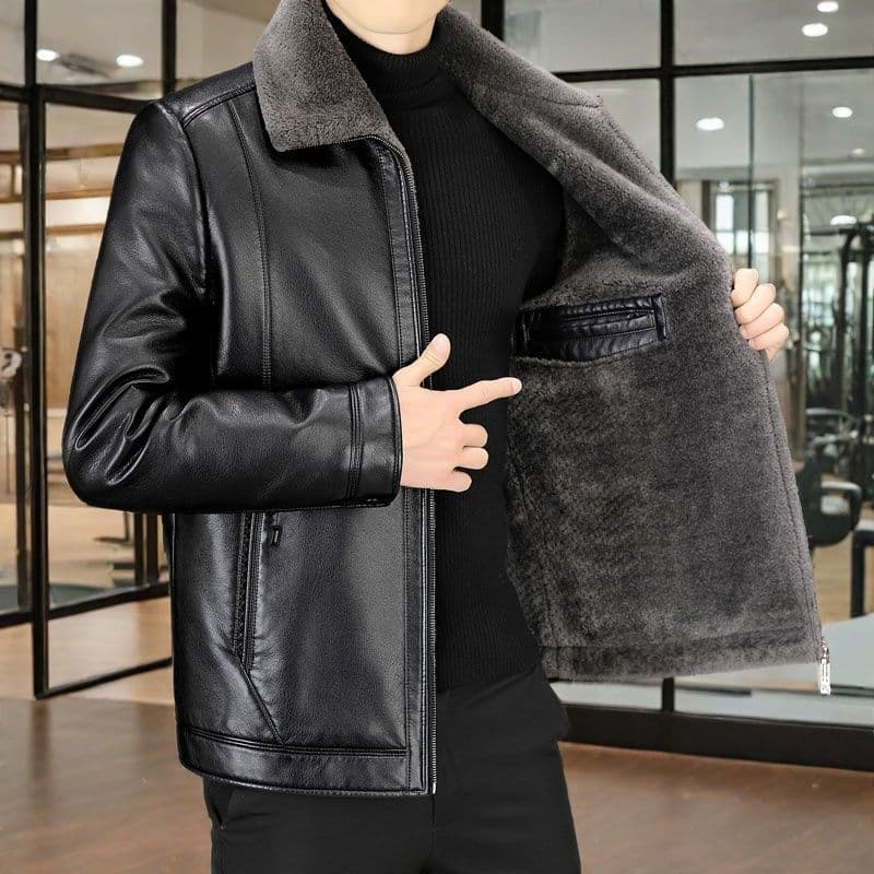 Men's leather jacket with lapel, fleece lining, thickened for warmth and protection against the cold; short style for middle-aged and elderly men, suitable for autumn and winter.