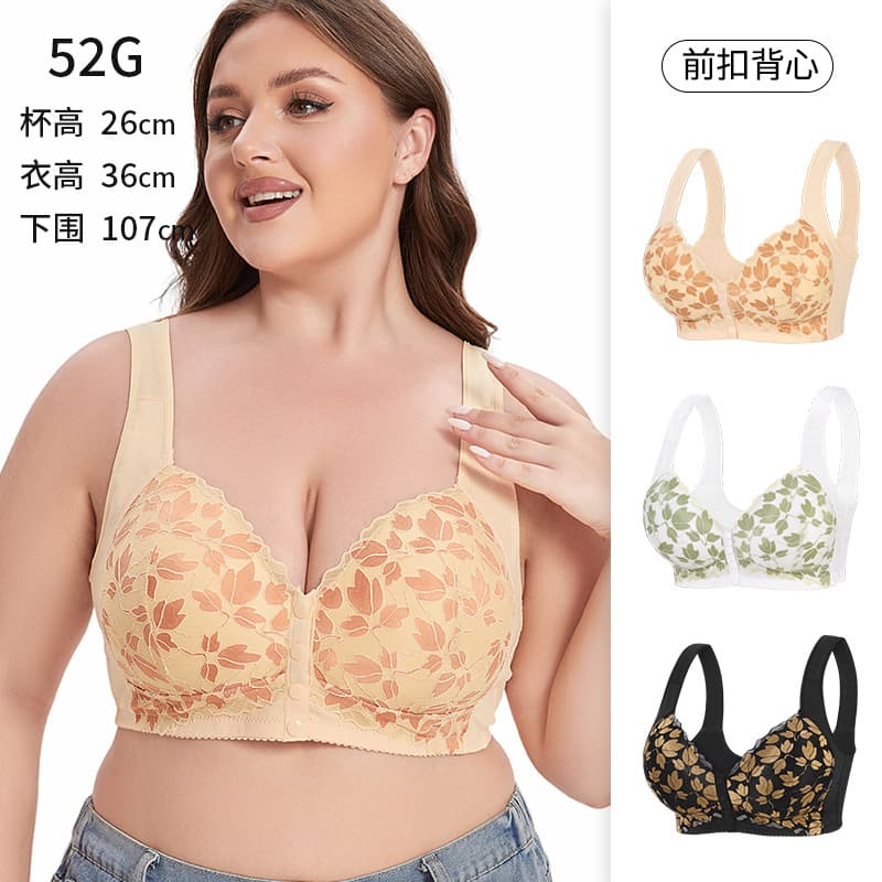 A-G Cup 36-52 Extra Large Size Bra Cross-border Europe & America Sizing Wireless Vest-style Gold Trim Lace Front Closure Underwear