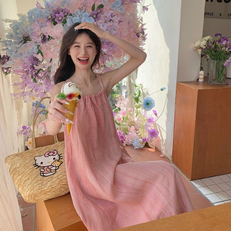 Pink suspender long skirt women's summer new seaside vacation beach dress halter neck design niche skirt
