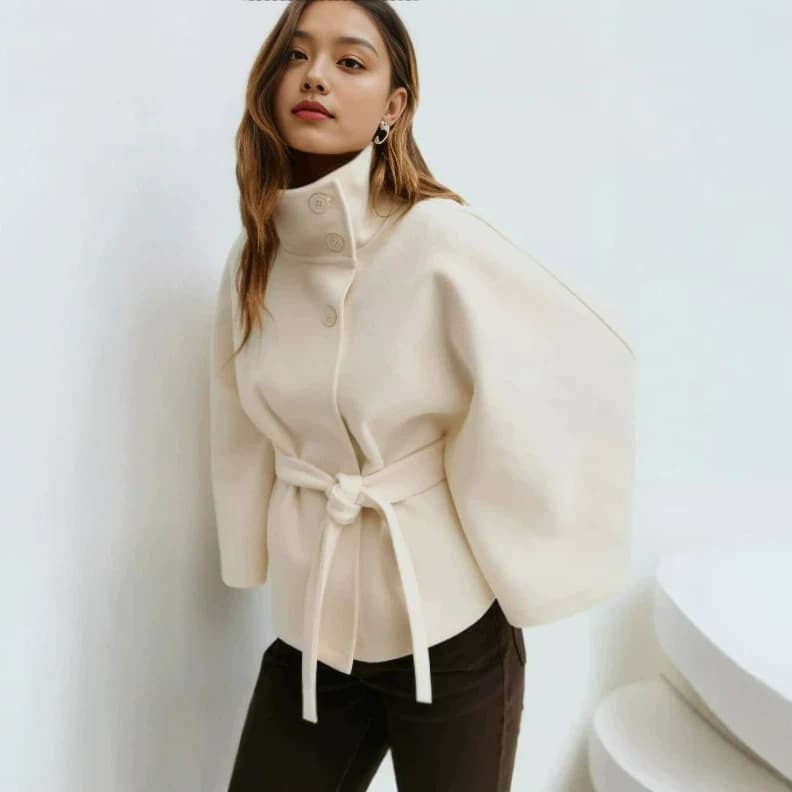 2026 European and American clothing autumn and winter new Amazon fashion solid color cape stand collar button belt windbreaker jacket