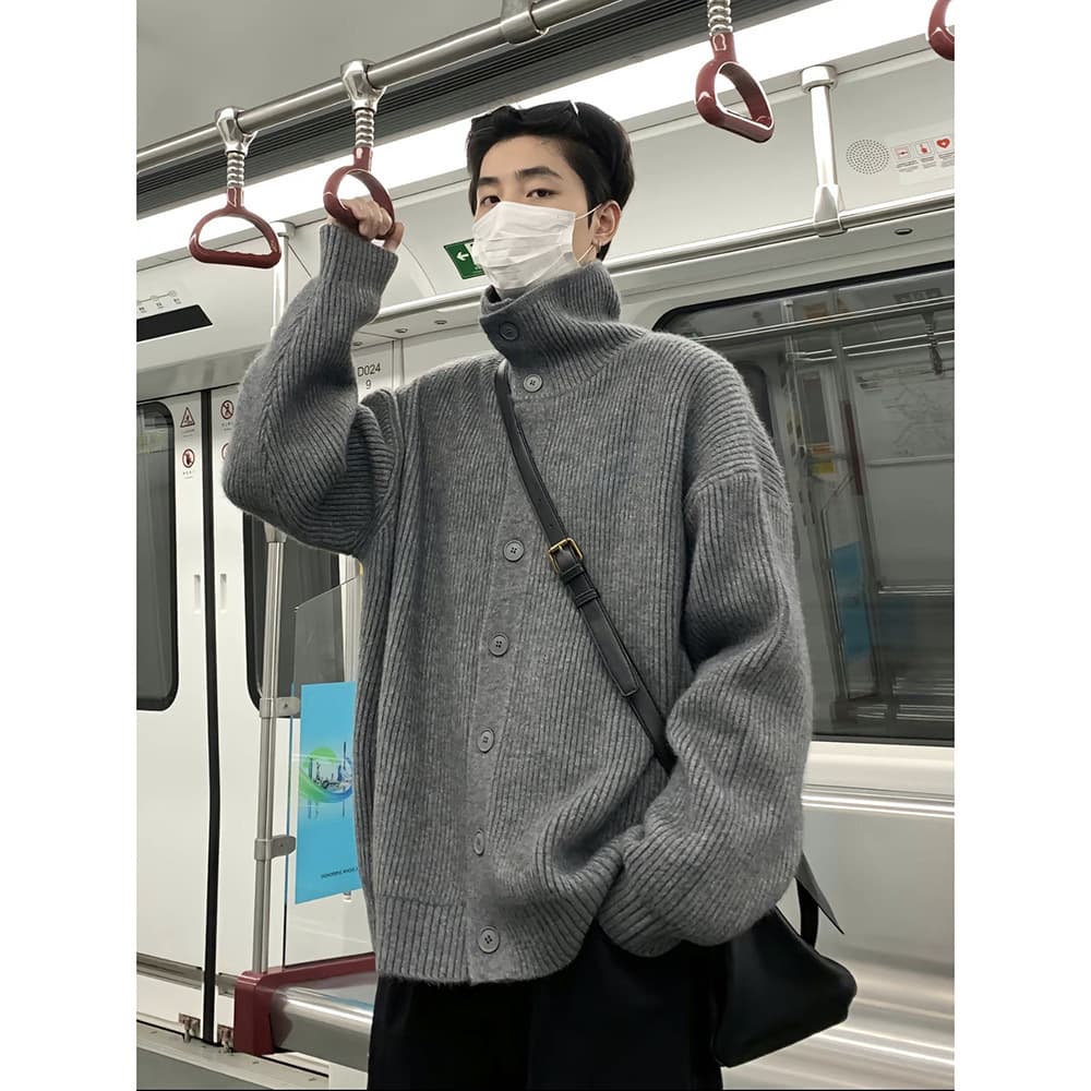 Men's fashionable versatile high-neck button cardigan sweater, autumn and winter men's Korean-style lazy design loose knitted shirt.