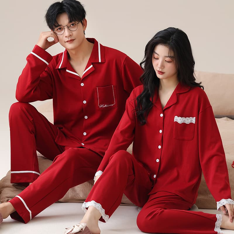 Wedding Zodiac Year Newlywed Couples Pajamas Set Men's Spring/Autumn Bright Red Long-Sleeve Red Festive Women's Homewear