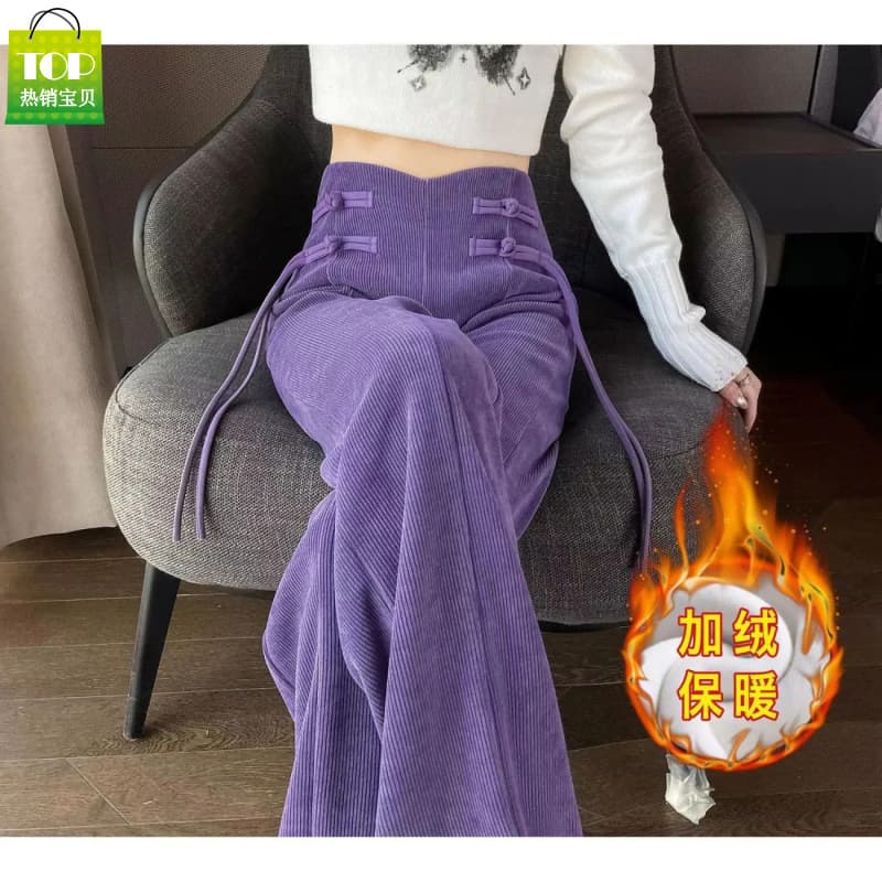 Chenille Pants Women Thickened Chinese New Style Frog Button Autumn/Winter Fleece Corduroy Casual Outfit High Waist Floor-Length