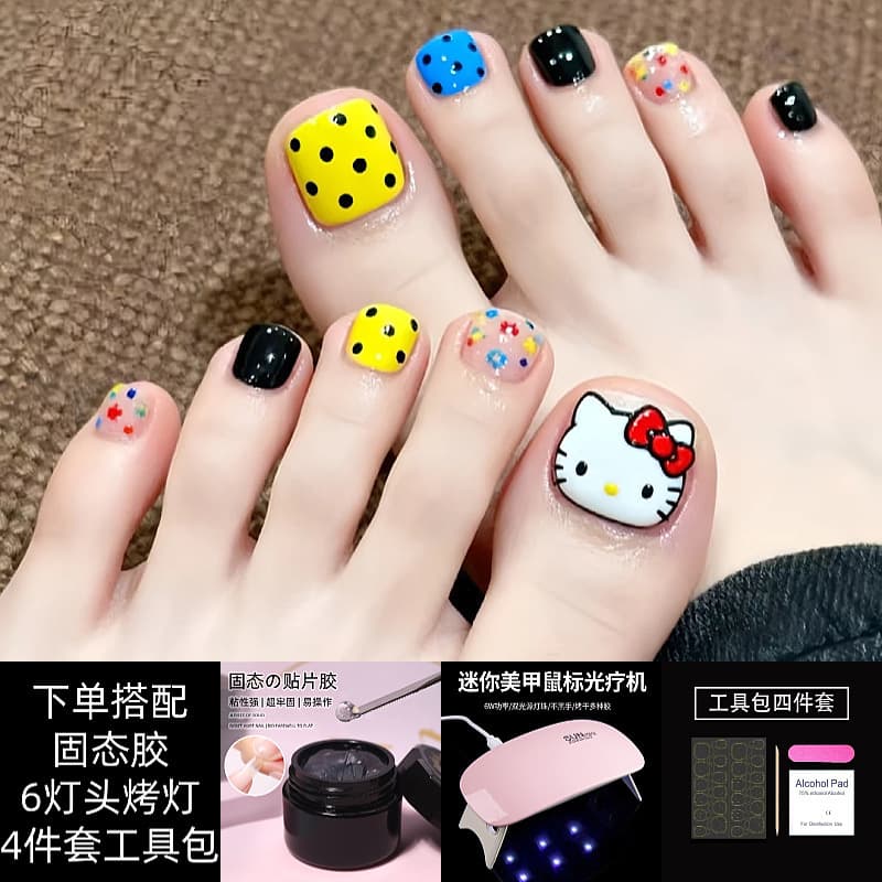 New Dopamine Toe Nail Art Wearable Hello Kitty Solid Gel with UV Lamp Fake Nail Tips Self-Adhesive Full Set