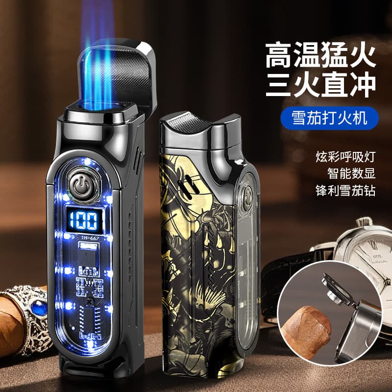 Trendy cigar lighter three-way portable ignition multi-function cigarette lighter household fierce fire lighter trend