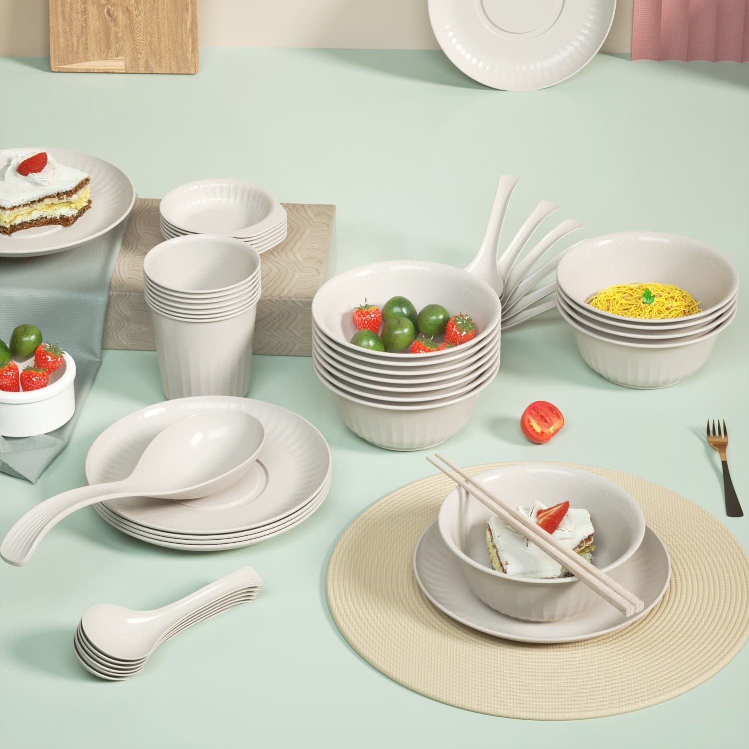 Rice husk bowl package with a set of banquet, household, and camping utensils including 4 sets of disposable bowls, cups, spoons, and plates.