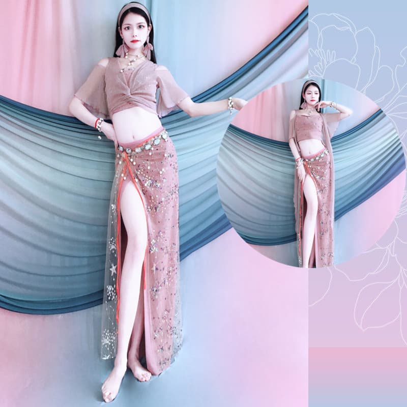New Style Belly Dance Practice Outfit Set with Off-Shoulder Ruffle Sleeves and Beaded Apron, Spring and Summer Children's Performance Costume