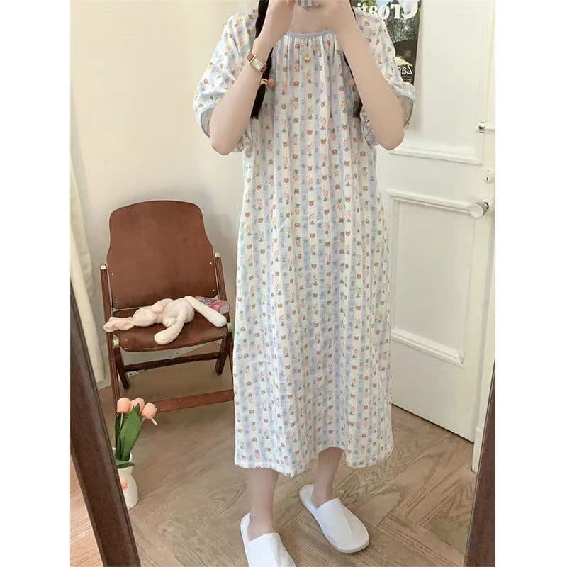 Summer Short Sleeve Nightgown Women New Round Neck Bubble Crepe Fabric Loose Plus Size Sweet Cute Cartoon Student Homewear