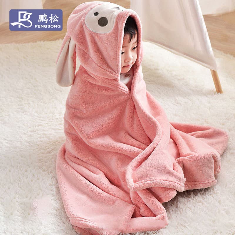 Children's coral fleece bath towels, quick-dry hooded poncho bathrobes for babies and toddlers, beach-themed cartoon hooded children's bath towels.