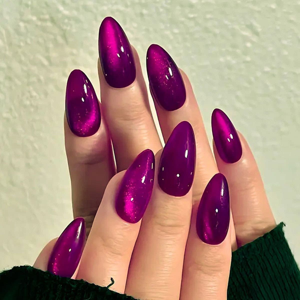 Cross-border Hot Pink Flashing Wearable Nail Tips Almond False Nails Solid Color Glitter Nail Tips Shimmer Press-On Nails