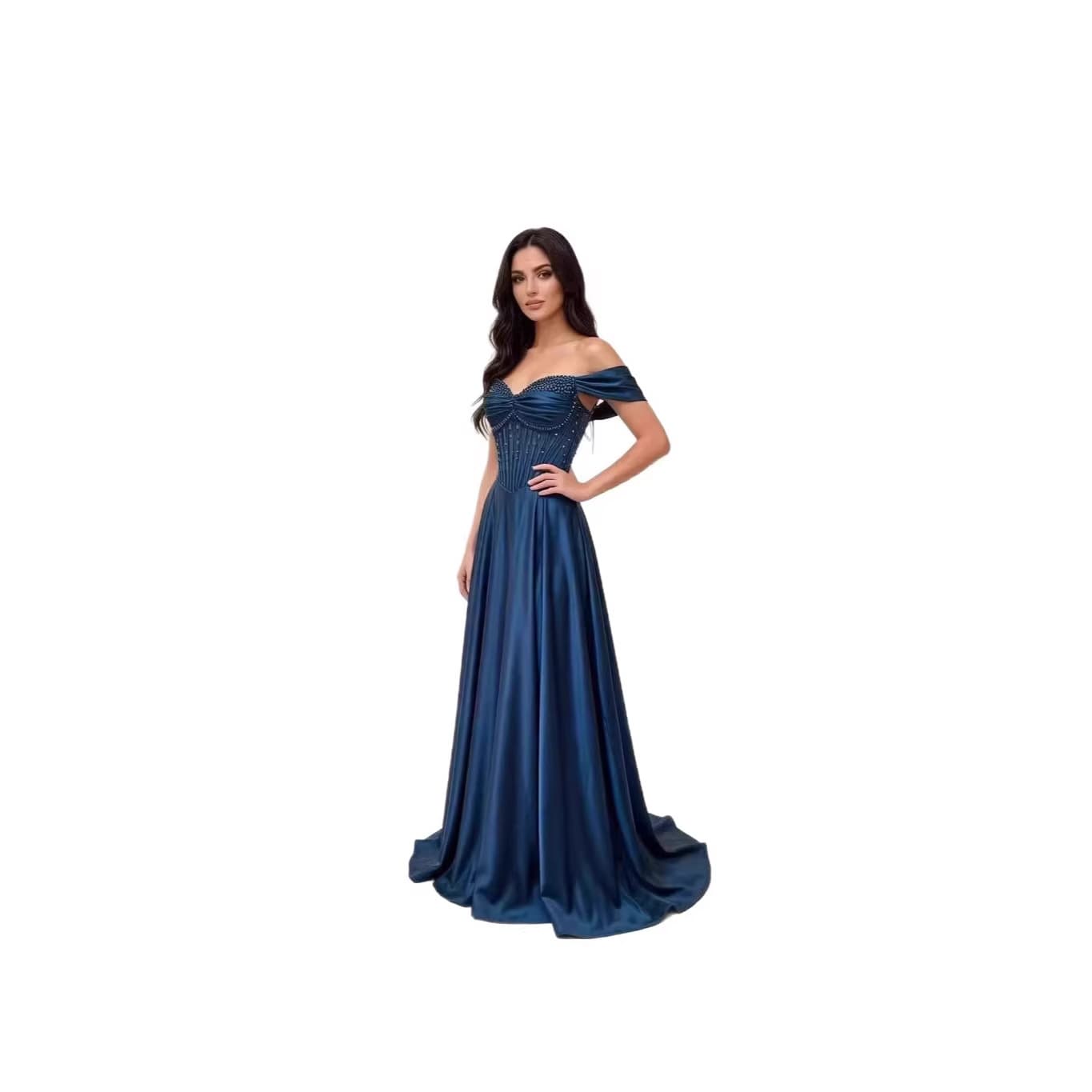 2026 New Deep Blue Satin Off-Shoulder Evening Dress Women Waist-Tie Long Banquet Wedding Bridesmaid Dress