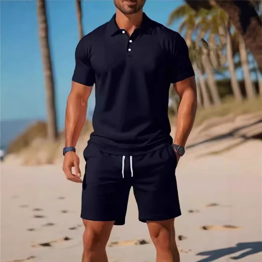 European Size Men's Sport Suit Summer New Ice Silk Fitness Running Short Sleeve Polo Shirt Shorts Badminton Training Suit