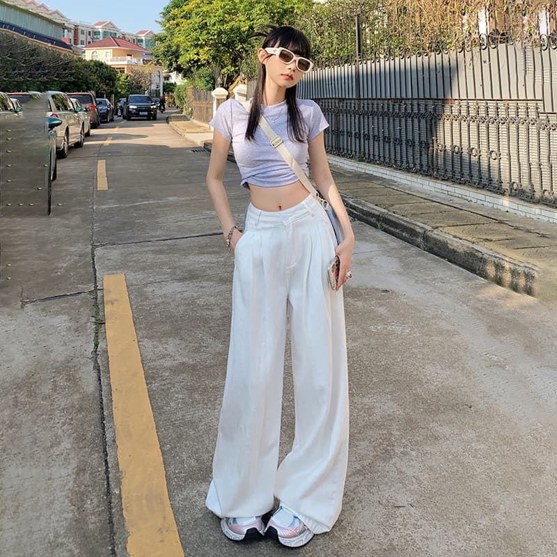 FSH-JEANS American Retro Loose Wide-Leg Pants White Flowy Breathable Versatile Straight Jeans for Women & Long Pants