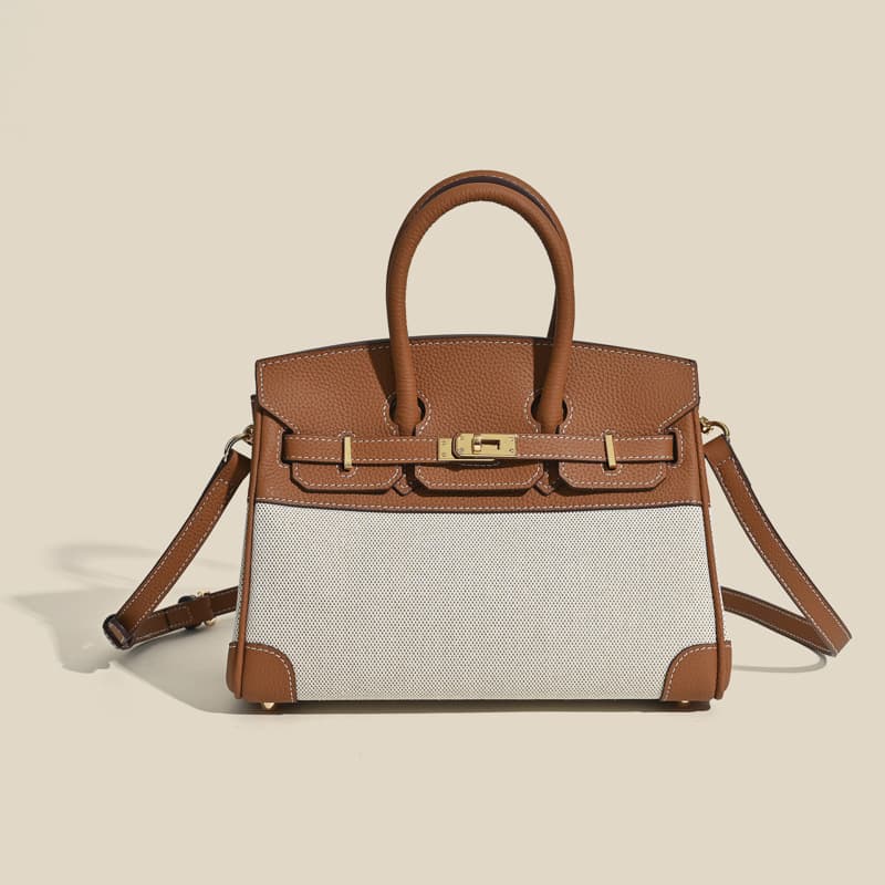 2024 New Women's Baotou First Layer Cowhide Togo Leather with Canvas Birkin Bag Easiest for Match Contrast Color One-Shoulder Crossbody Handbag