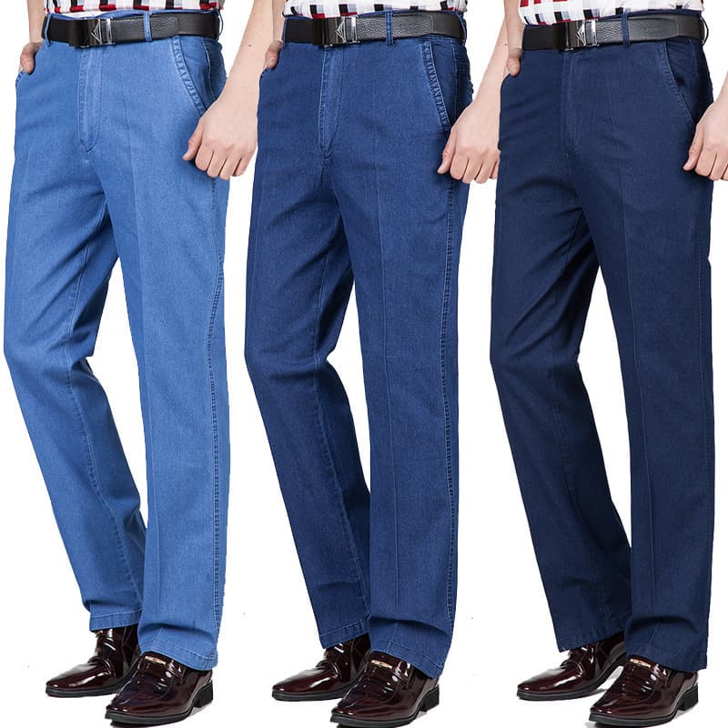 Mid-Aged Men's Jeans Autumn Winter High Waist Loose Elastic Business Casual Long Pants Dad Trousers