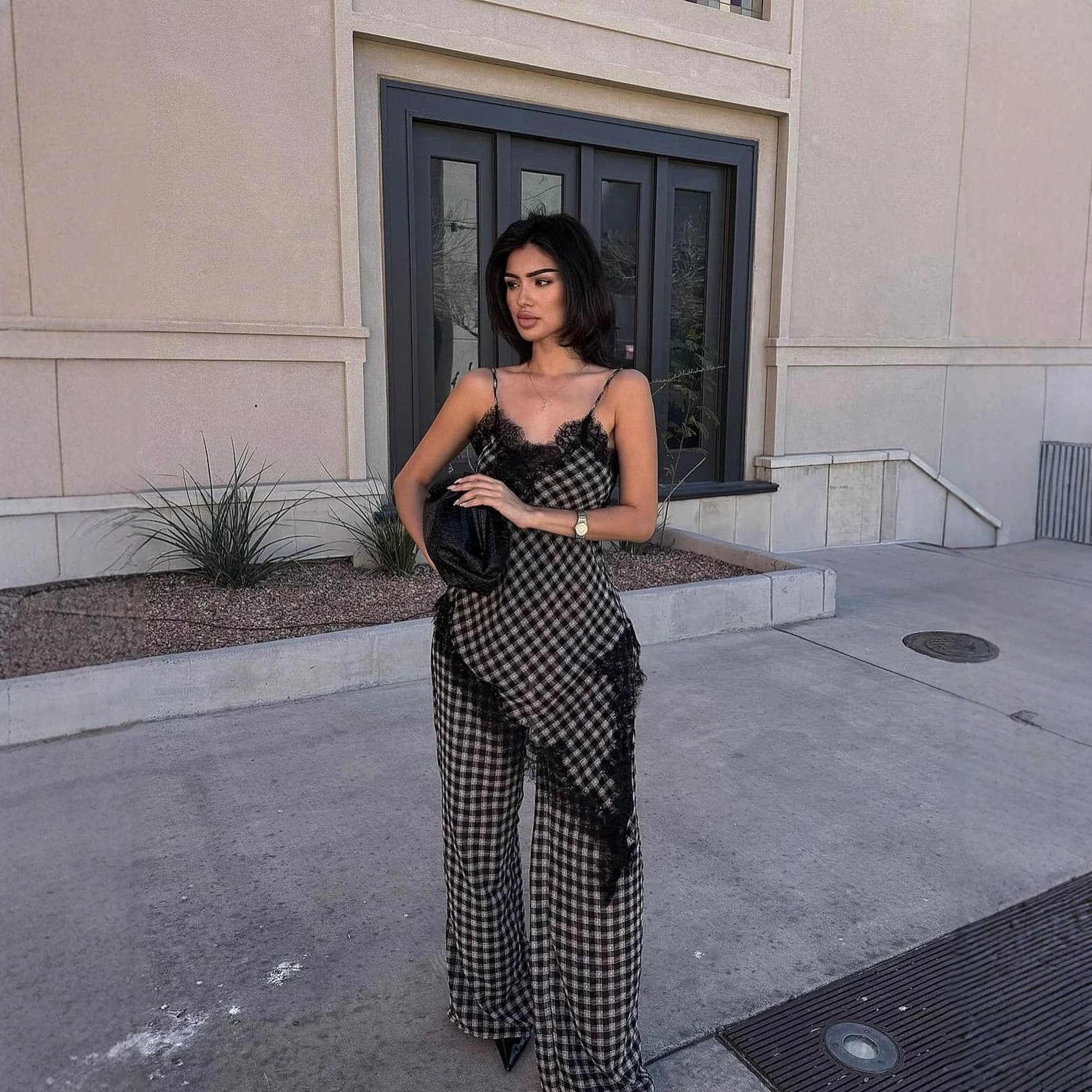 European and American Cross-Border Women's 2026 Summer INS New Arrival Chic Plaid Patchwork Lace Irregular Camisole Long Pants Set