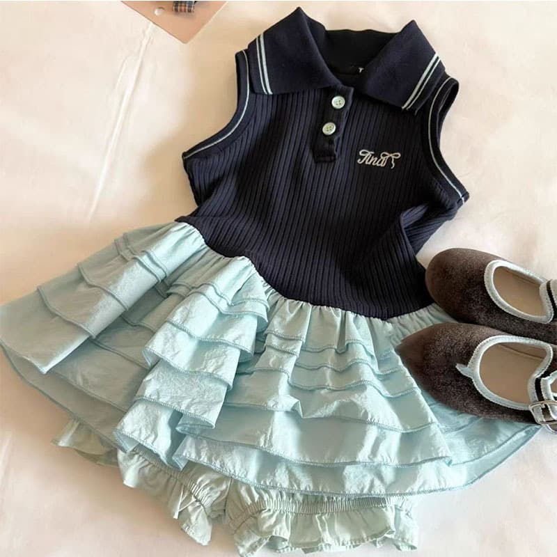 Girls Korean Style College Patchwork Vest Dress 2026 Summer New Children's Fashionable Sports Turn-Down Collar Dress