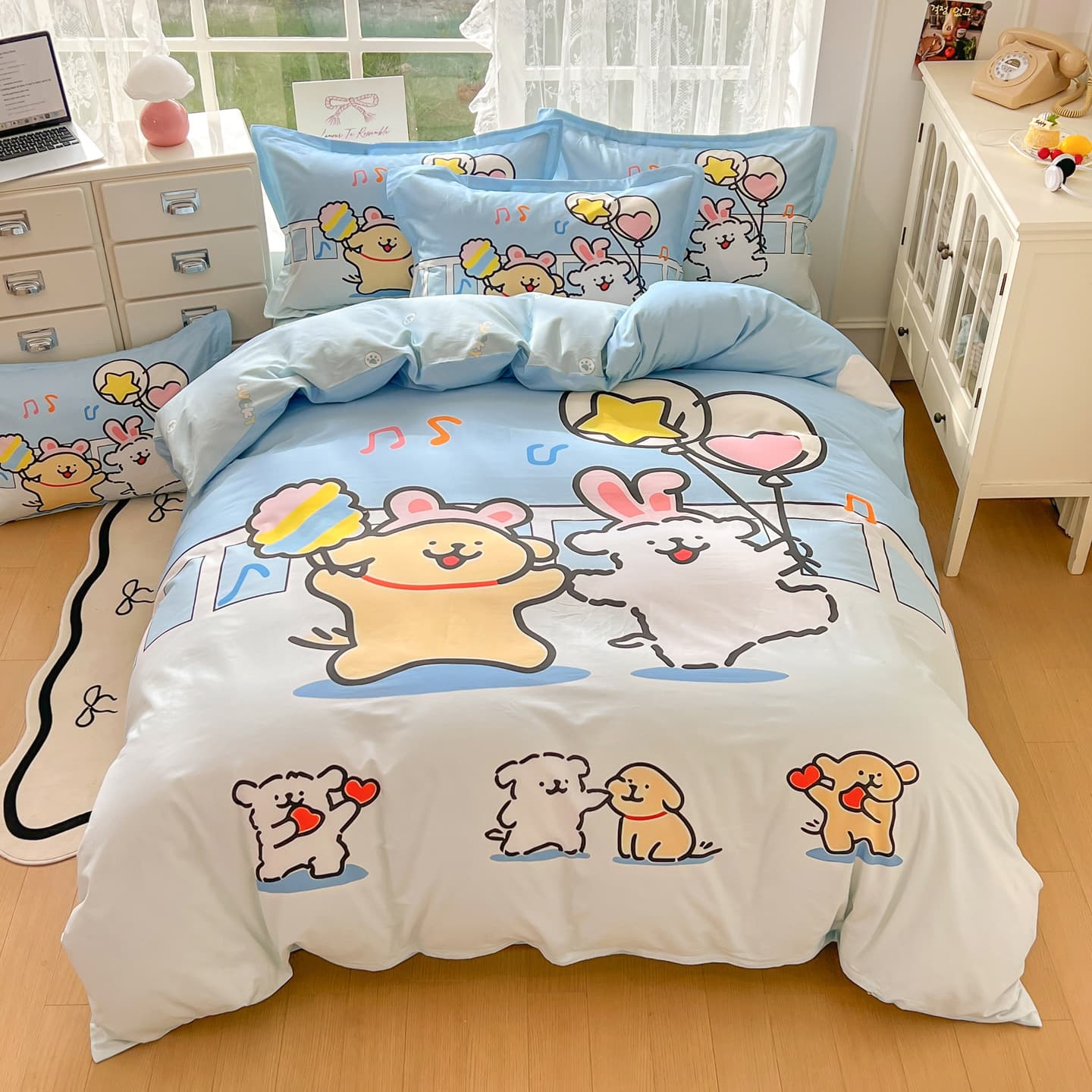 New Printed Cotton Cartoon Dog Bedding Set, Pure Cotton Cartoon Student Dormitory 3-Piece Set, Fitted Sheet and Pillowcase