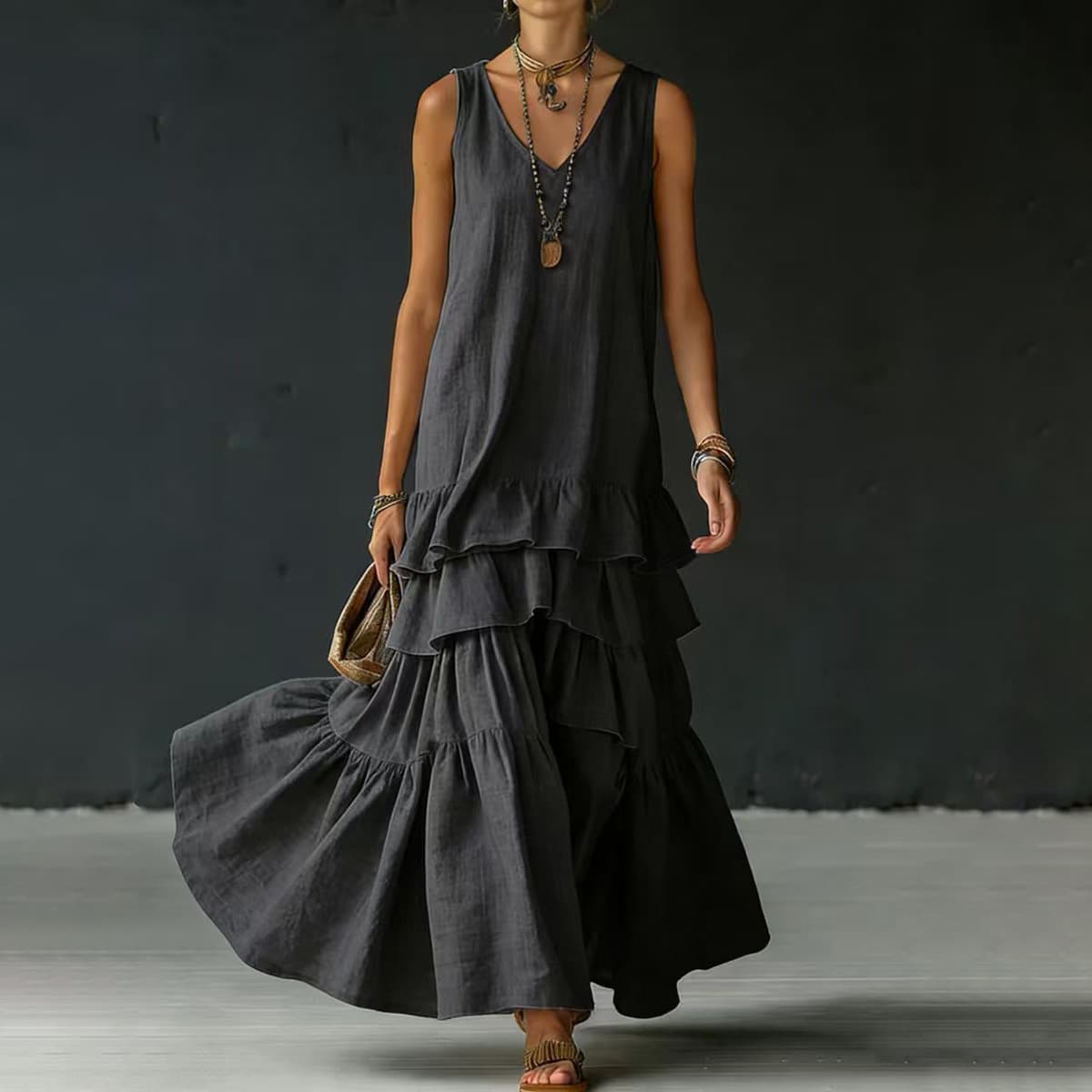 2026 Summer New Women's Dress, Beach Vacation Style, Everyday Design Solid Color Long Dress Cake Dress