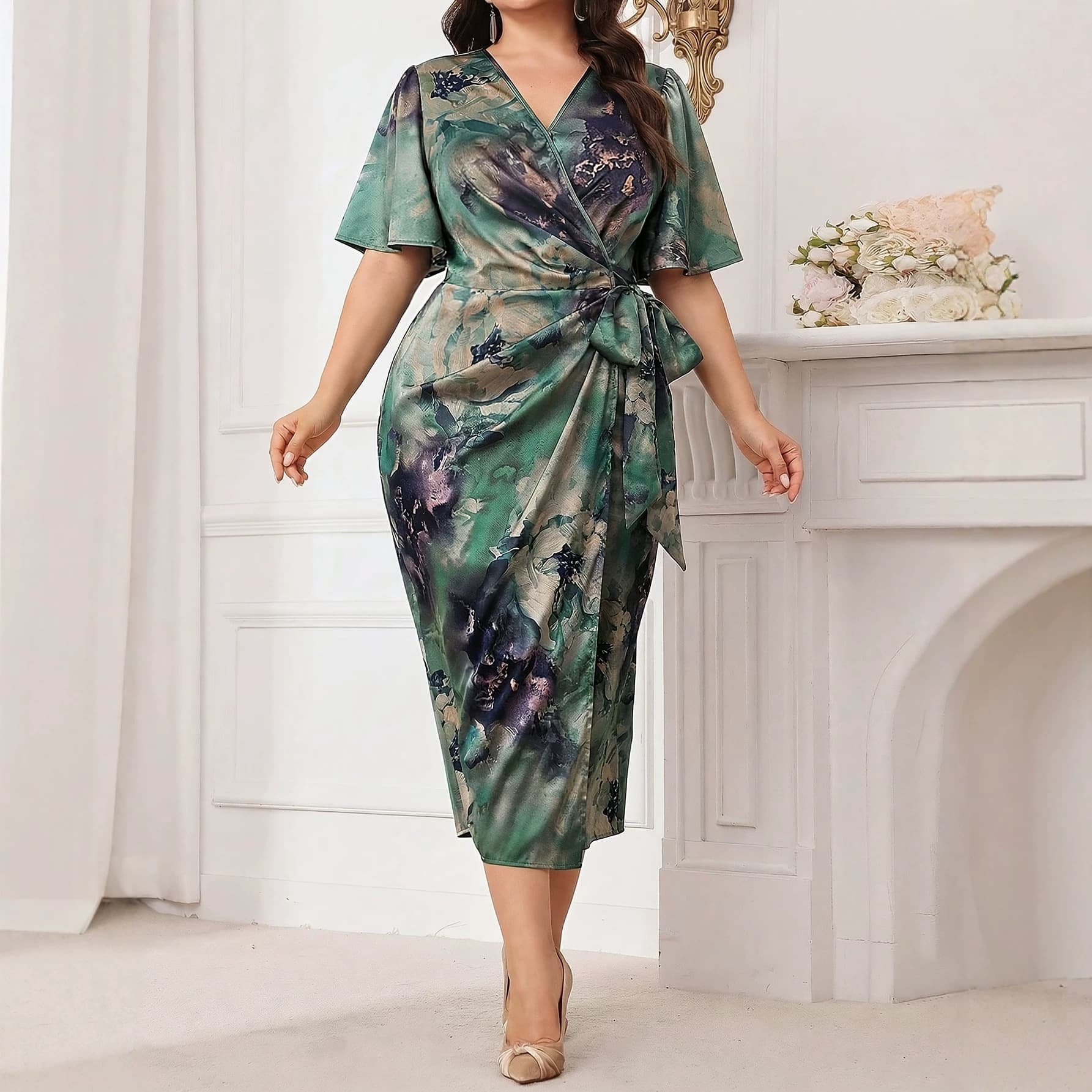 Cross-border Foreign Trade European and American Large Size 2026 New Summer Style Elegant V-Neck Satin Printed Waist Dress