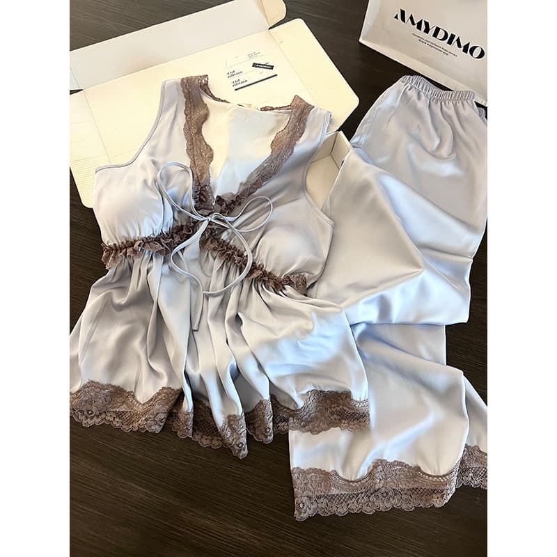Pure and Elegant Lace Trim Pajamas for Women Summer New Cool Ice Silk Camisole and Long Pants Comfortable Loungewear Two-Piece Set