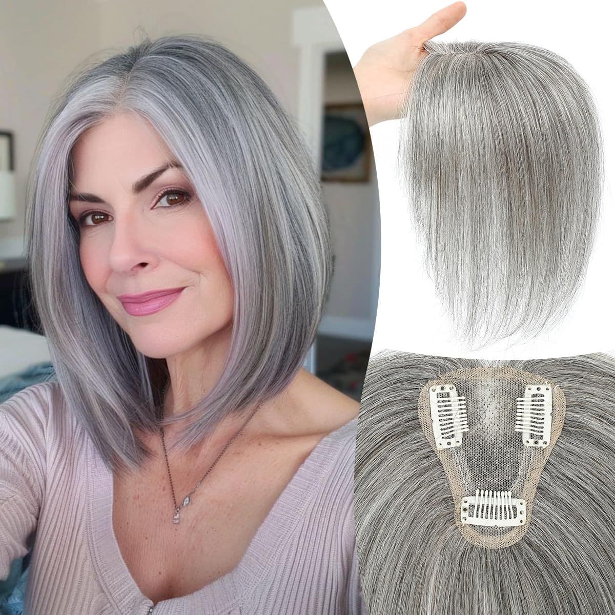 Human Hair Topper Lightweight Real Hair French Air Bangs Cover Gray Hair Crown Hairpiece