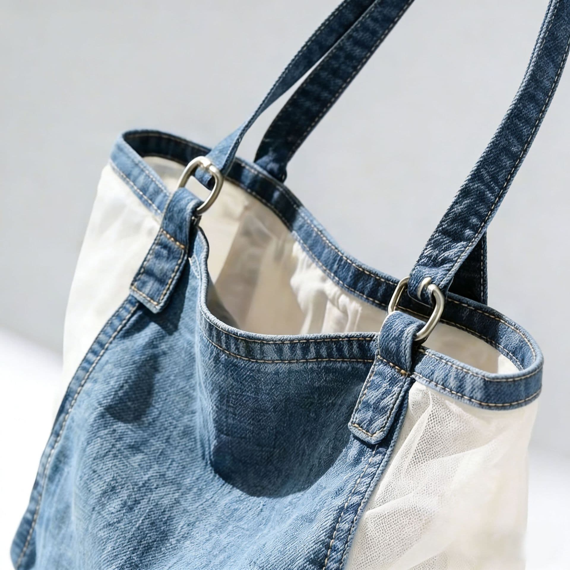 Denim Mesh Patch Storage Bag Simple Portable Large Capacity Travel Organizer Bag
