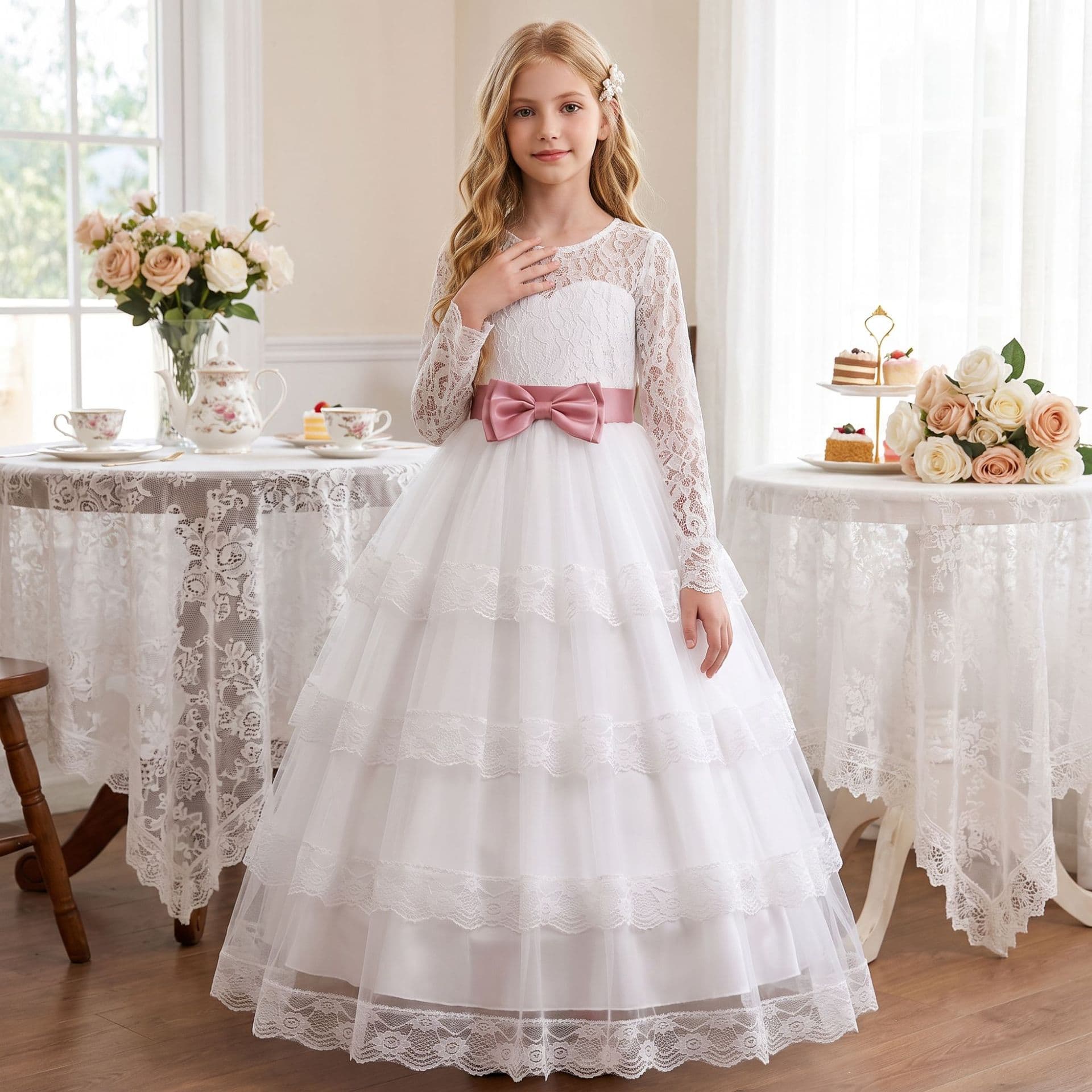 Cross-border white long-sleeved lace girls' dress, spliced bow tutu skirt, communion flower girl princess dress