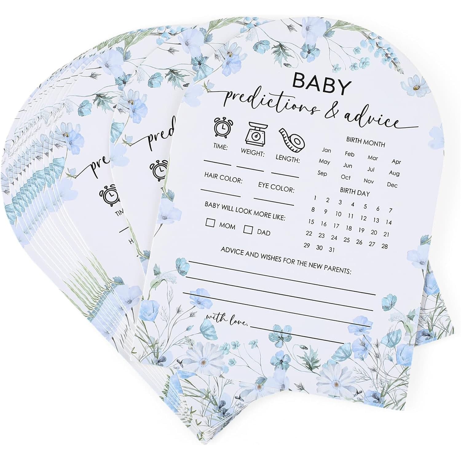 Blue Floral Semi-Circle Baby Shower Game Advice Cards Boy Girl Gender Reveal Game Party Decoration