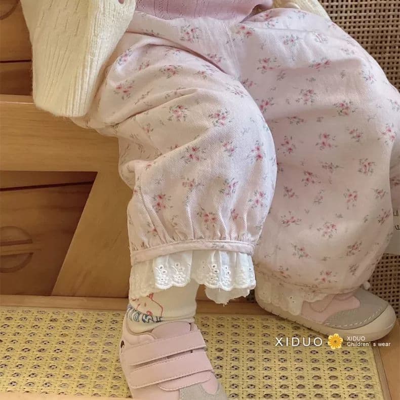 Girls Lace Korean Floral Ankle Pants Summer Mosquito-Proof Pants Sweet Children's Casual Drawstring Pants