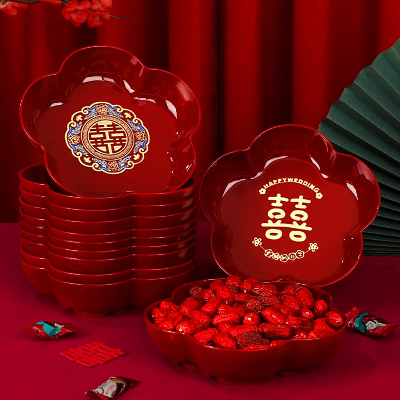Wedding Fruit Plate, Red Candy Dish for Living Room, Complete Wedding Supplies with Double Happiness Character