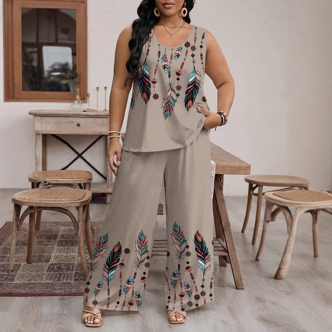 Cross-Border Hot Selling Striped Feather Print Sleeveless Wide Leg Pants Set Women's Fashion Casual Summer European and American Style