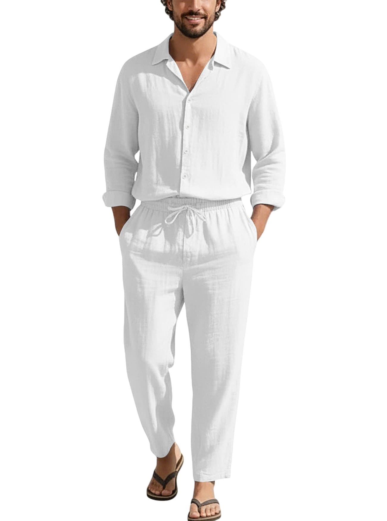 Cross-border Amazon American-style four-season linen lapel casual loose beach sun protection long-sleeve shirt and pants set for men