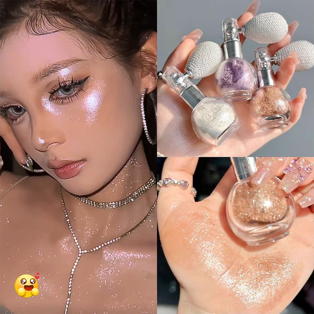 Trendy Inflatable Wig Glitter Highlighter Spray, Shimmer Mist, Pearlescent Brightening Fragrance Powder, Sparkling All-Match Loose Powder